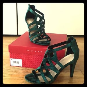 Green velour strappy heels